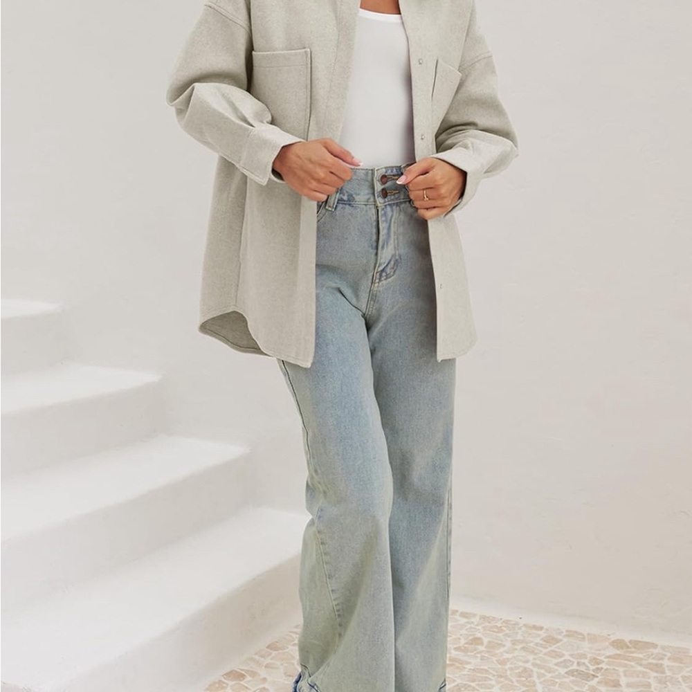 MEROKEETY  2024 Fall Oversized Long Sleeve Shacket Jacket Button Down Wool blend - Picture 2 of 5